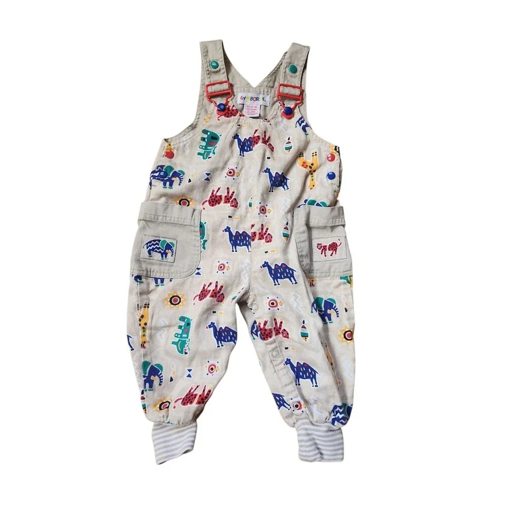 Gymboree Vintage 90s Overalls Size Infant Khaki Cotton Multicolor Animal Novelty